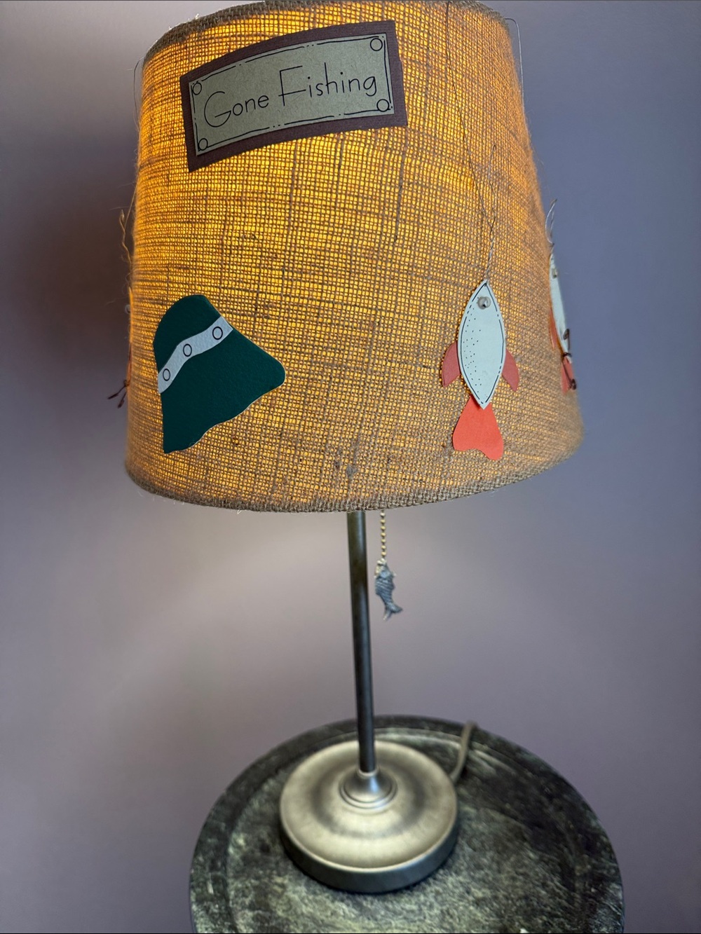 Rustic Lamp “Gone Fishing”  with pull chain cord for on & off